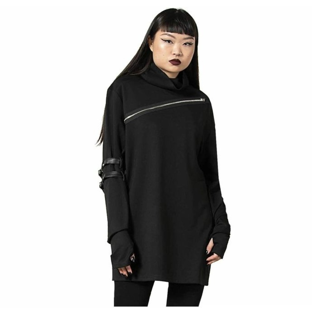 Killstar Black Diagonal Zip Funnel Neck Top with Buckle Sleeve Detail‎ Mens L